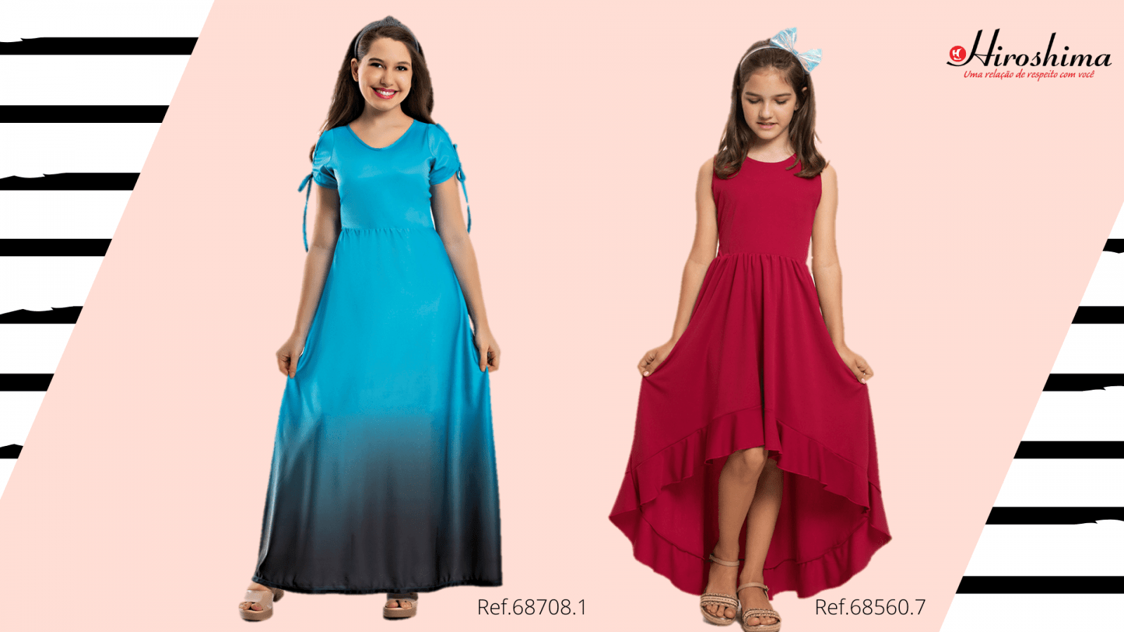 Moda infanto-juvenil: coleção 2021 - vestido longo azul, e vestido longo vermelho, Ref. 68708.1 e Ref. 68560.7