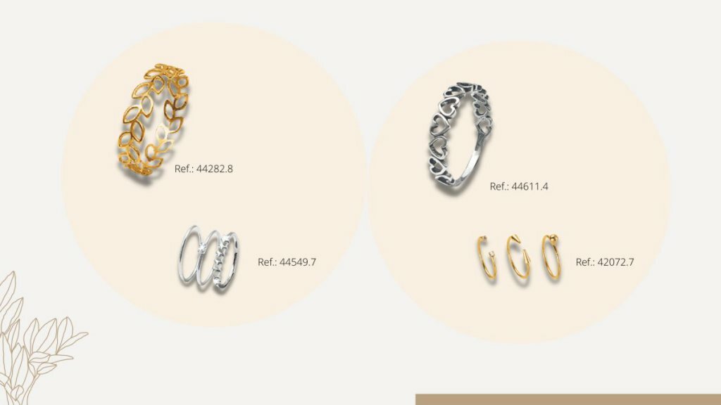 Conjunto de aneis e aneis de falange prata e dourado.