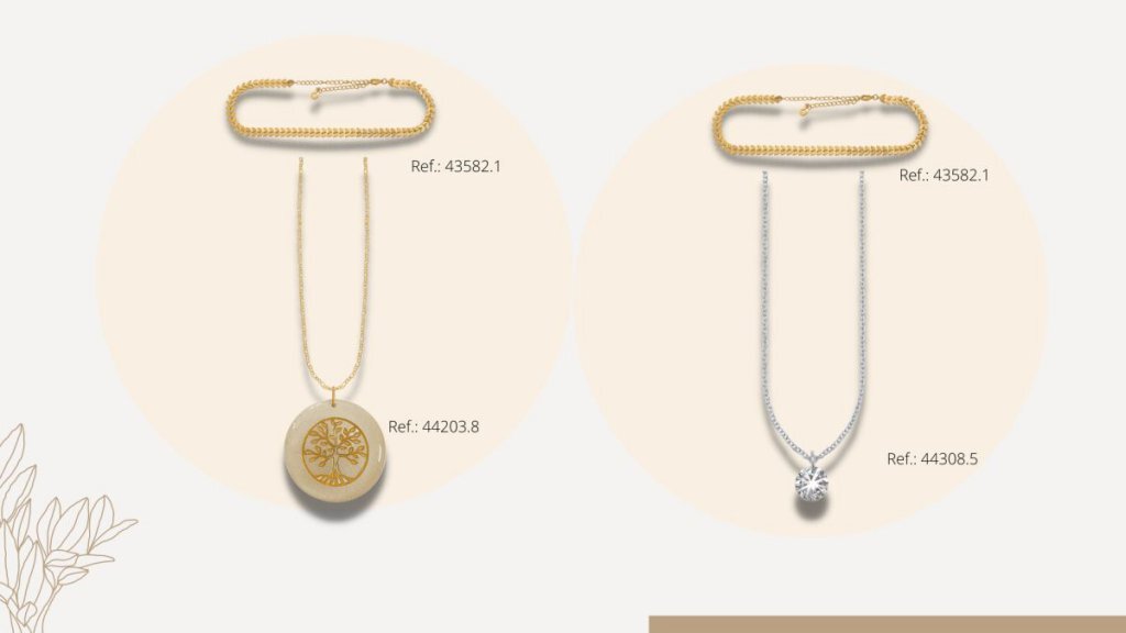 Opções de choker dourada com colar prata ou dourado.