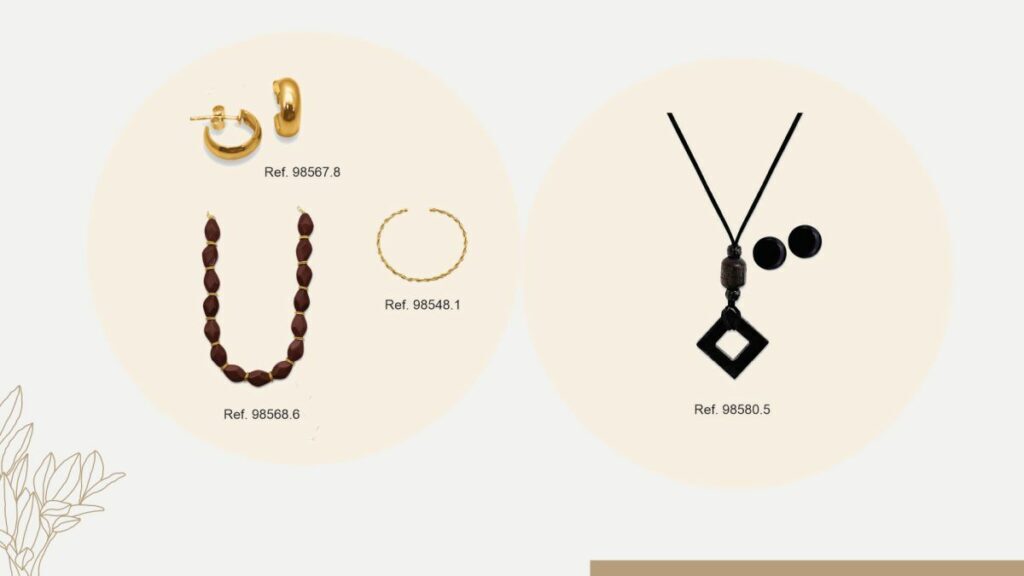 Acessórios Hiroshima: colar marrom, agola pequena dourada, bracelete dourado, conjunto de colar e brincos preto.