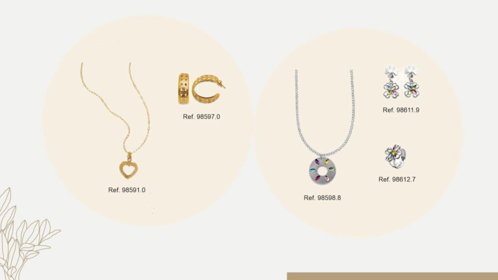 Acessórios Hiroshima: colar dourado, argola pequena dourada e colar, brinco e anel prata com pedras coloridas.