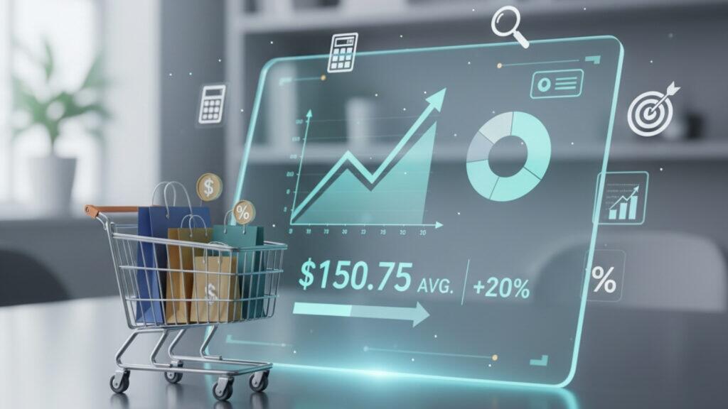 Carrinho de compras com sacolas e um gráfico em um tablet, representando dados sobre ticket médio
