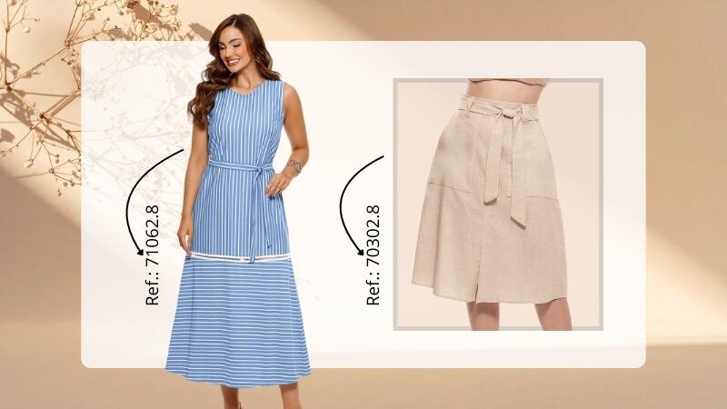 Tendências de Moda Verão 2026: peças Hiroshima, LARC e Narval que prometem vender o ano todo 2 Mulher usando vestido azul longo de algodão e outra usando saia bege de linho, destacando modelagens fluidas e confortáveis, acabamentos naturais e sofisticados, em sintonia com as principais tendências para o verão 2026