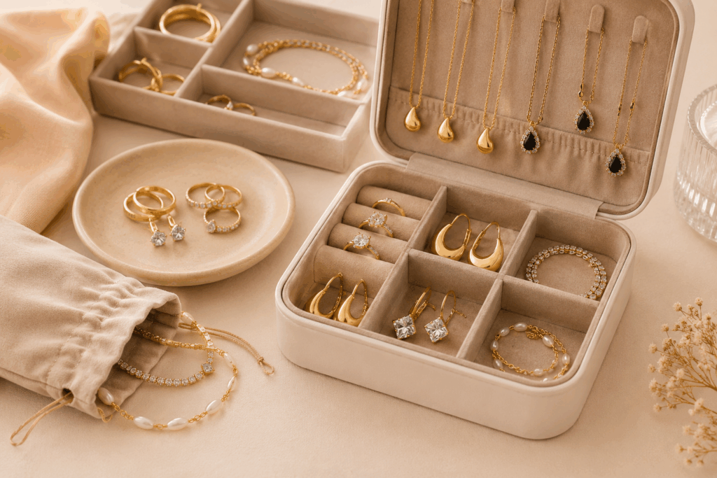 Como conservar semijoias corretamente: guia completo de limpeza e cuidados 2 Conjunto de joias em estojo aberto com colares, brincos, anéis e pulseiras em banho dourado, com detalhes de pérolas e pedras brilhantes sobre fundo bege